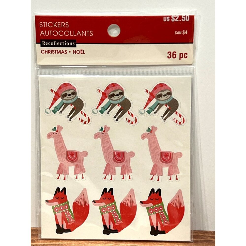 Recollections Christmas Noël Stickers 36 Pc Sloth LLama Fox 564439